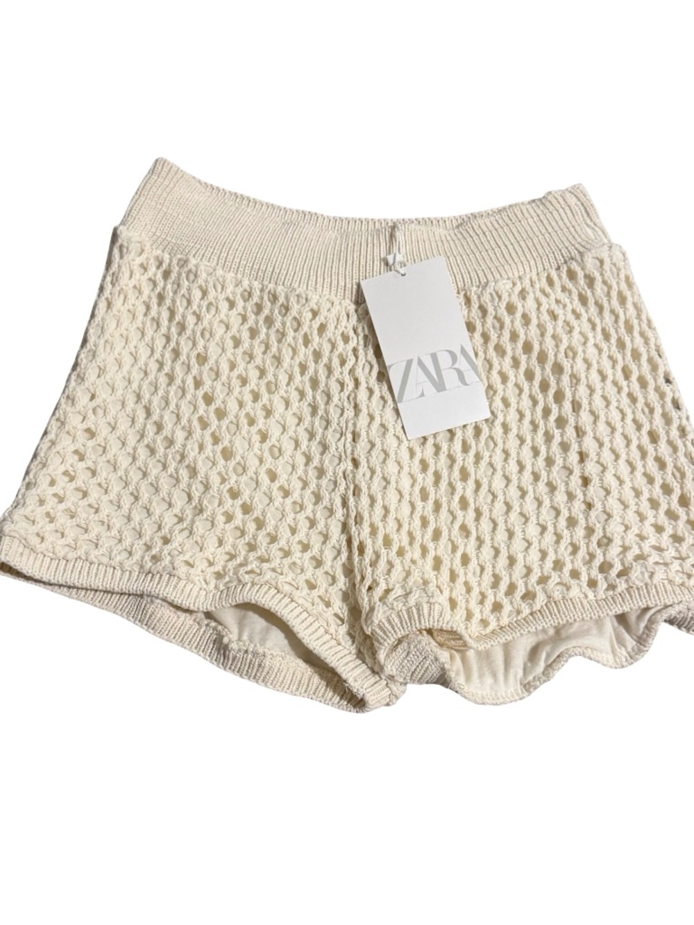 Zara Crochet Knit Shorts - Ivory Open-Weave High-Waist Shorts, Women's Size L NW